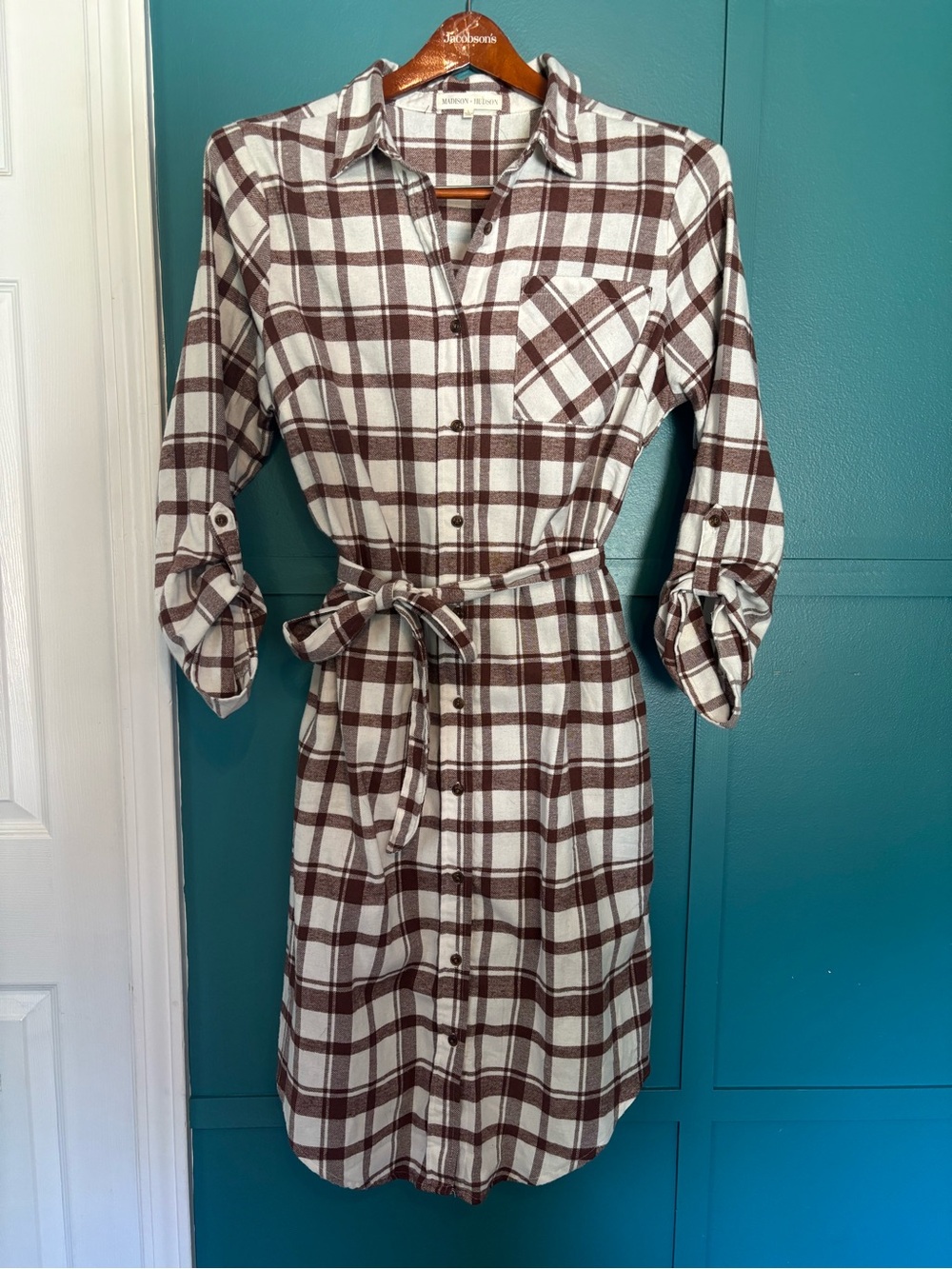 Madison + Hudson Plaid Shirt Midi Dress with Tie Waist - Brown & White Size L